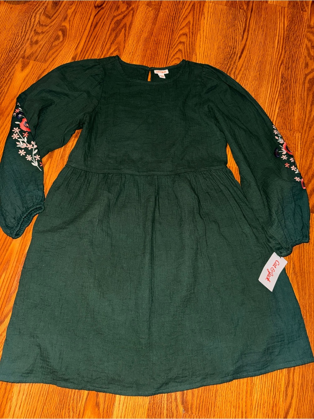 Cat & Jack Forest Green Long-Sleeve Embroidered Sleeve Dress